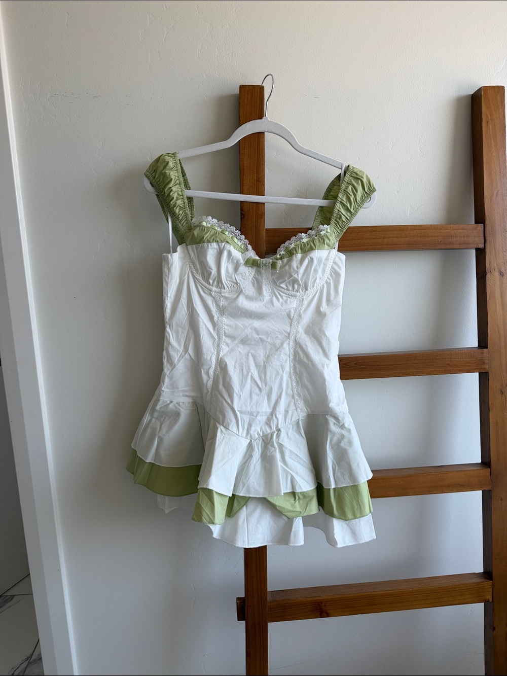 White and Light Green Ruffled Bustier Crop Top